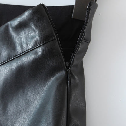 Black PU Leather Mini Skirt with Slit High Waisted