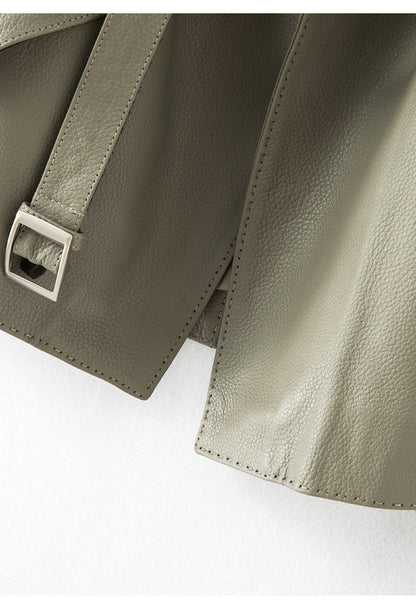 Women Leather Jacket Lychee Grain Belted Short Coat