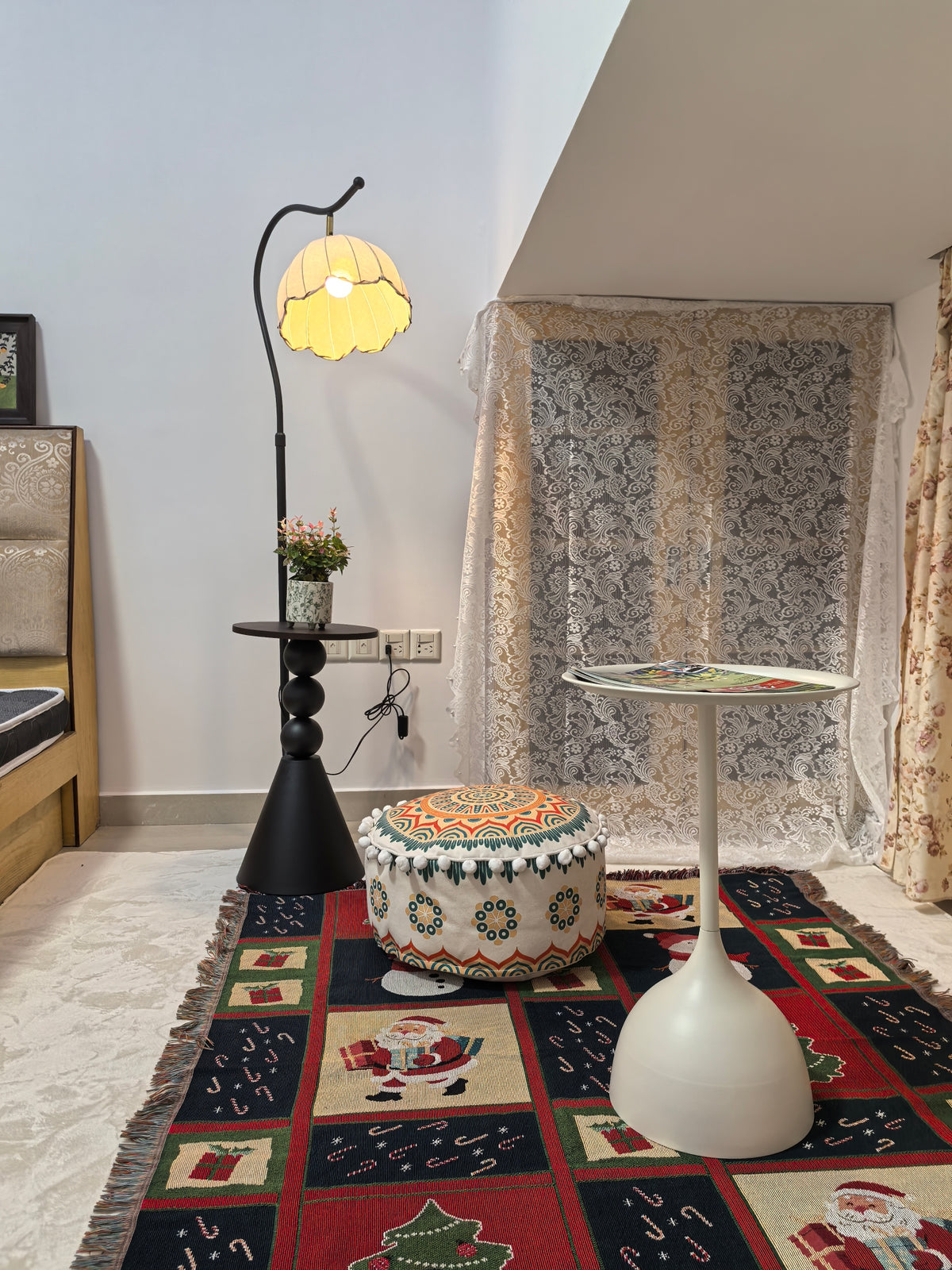 Pouffe Stool with Bohemian Geometric Print and Pom Pom Trim