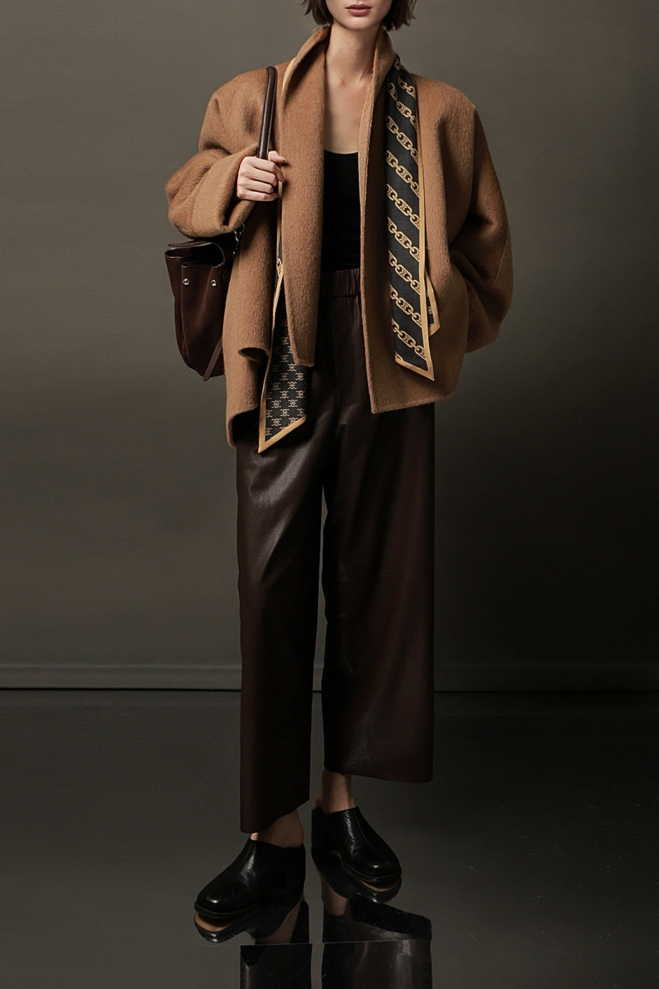 Women Genuine Leather High Waisted Wide Leg Pants