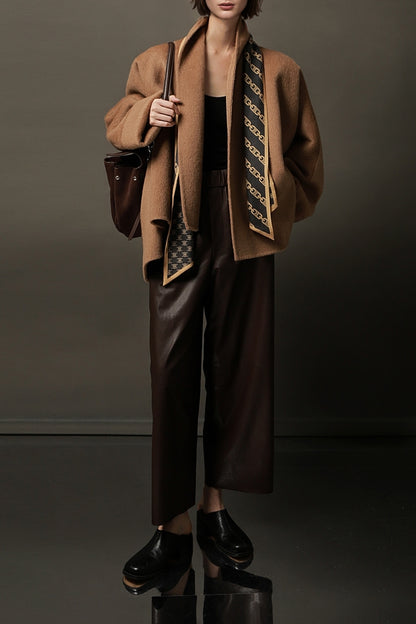 Women Genuine Leather High Waisted Wide Leg Pants