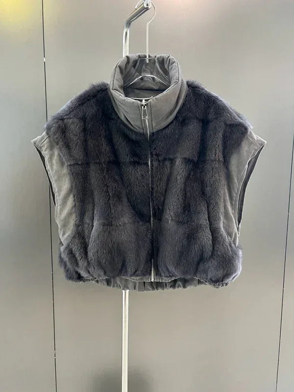 Reversible Mink Fur Down Vest Short Turtleneck