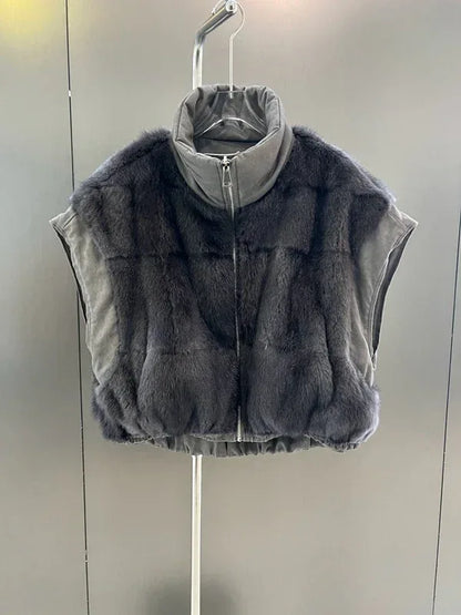 Reversible Mink Fur Down Vest Short Turtleneck