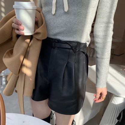 Genuine sheepskin women leather shorts with belt