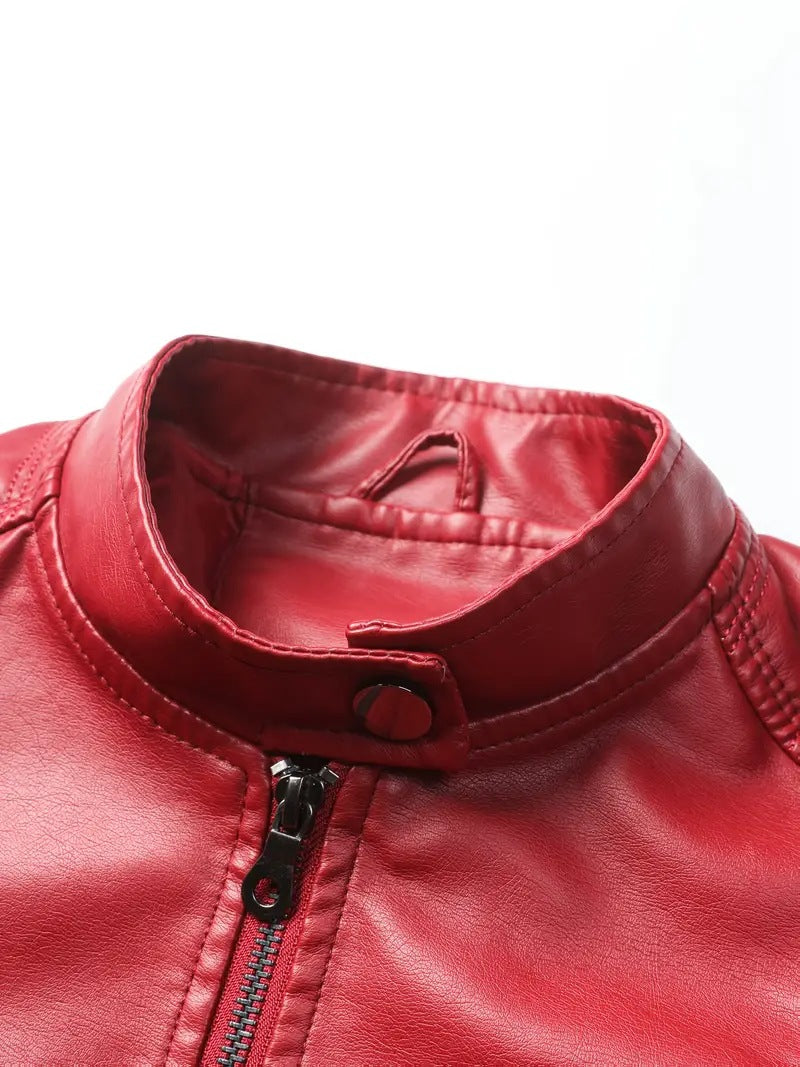 Red Faux Leather Jacket for Women Imitation Biker Leather Coat