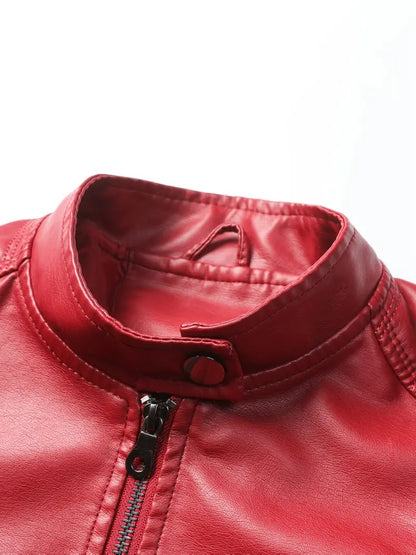 Red Faux Leather Jacket for Women Imitation Biker Leather Coat