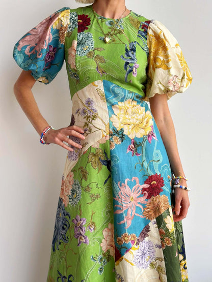 Floral patchwork linen puff sleeve maxi dress