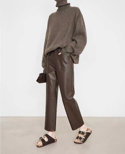 Women’s High Rise Genuine Straight Leather Pants Brown