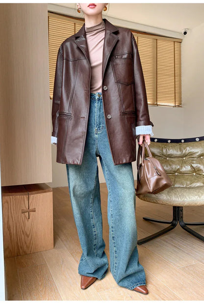Women Oversized Genuine Leather Jacket Moto Blazer