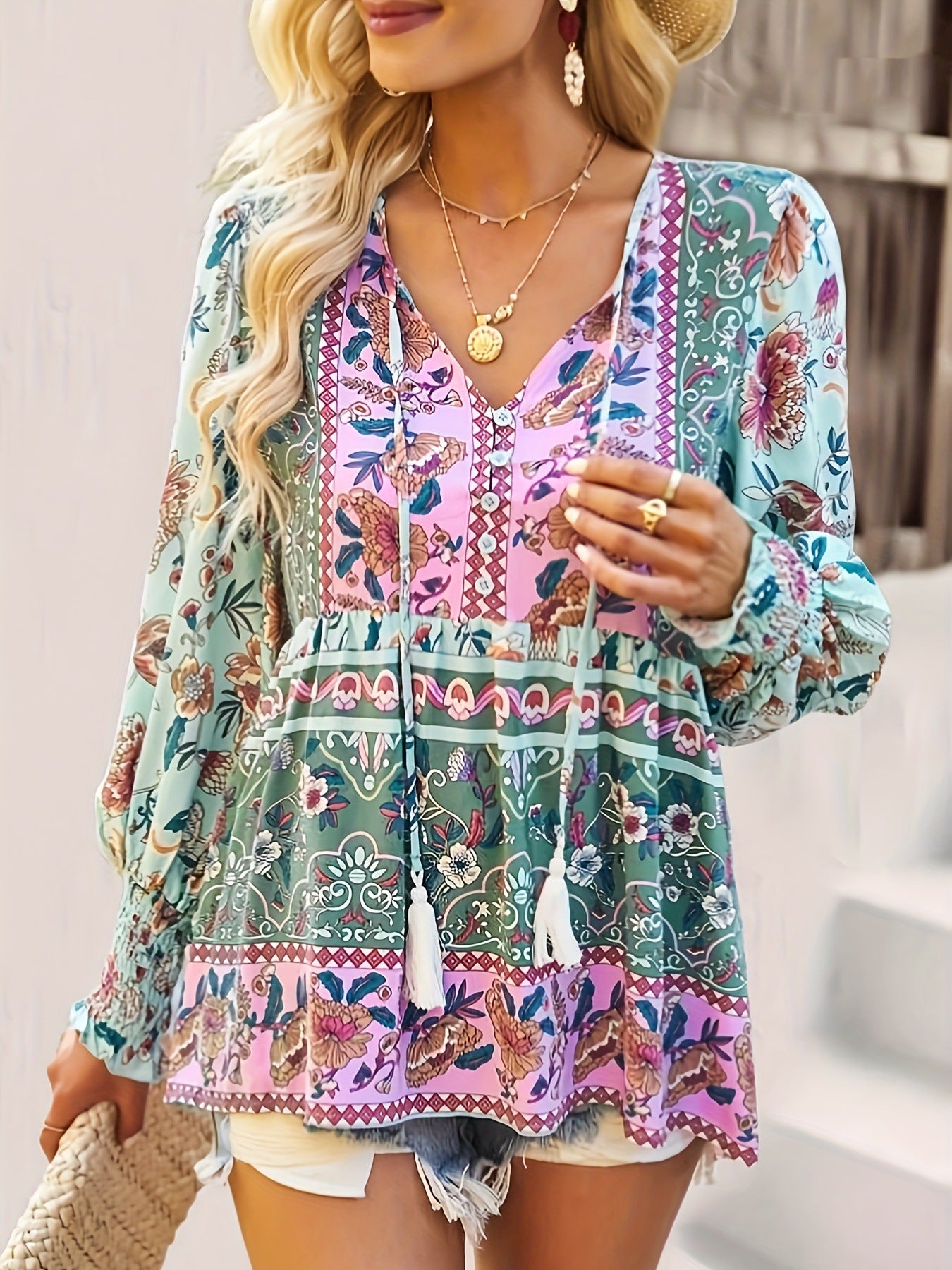 Tassel tie boho blouse with patchwork floral panels