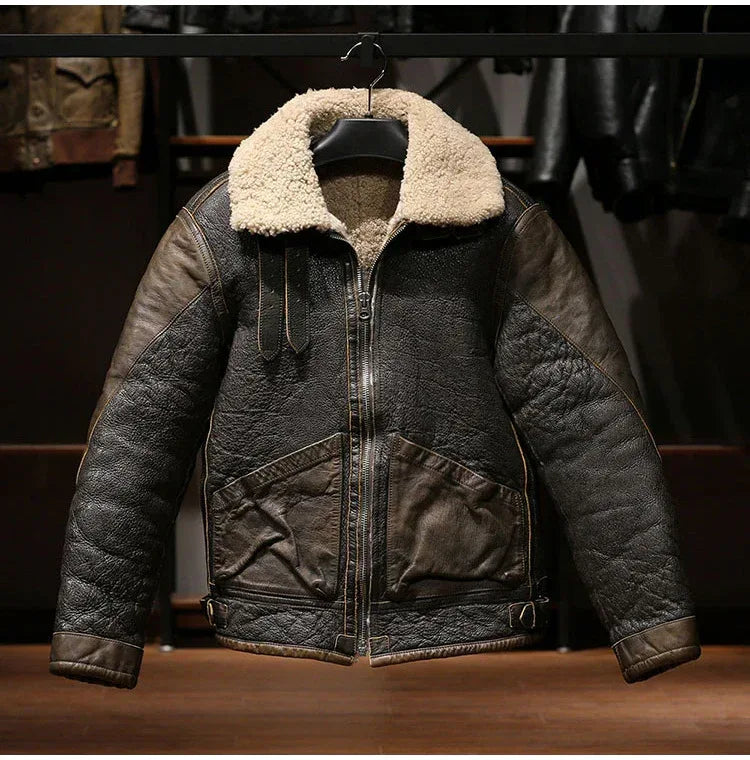 Men Shearling Bomber Leather Jacket With Wool Lining