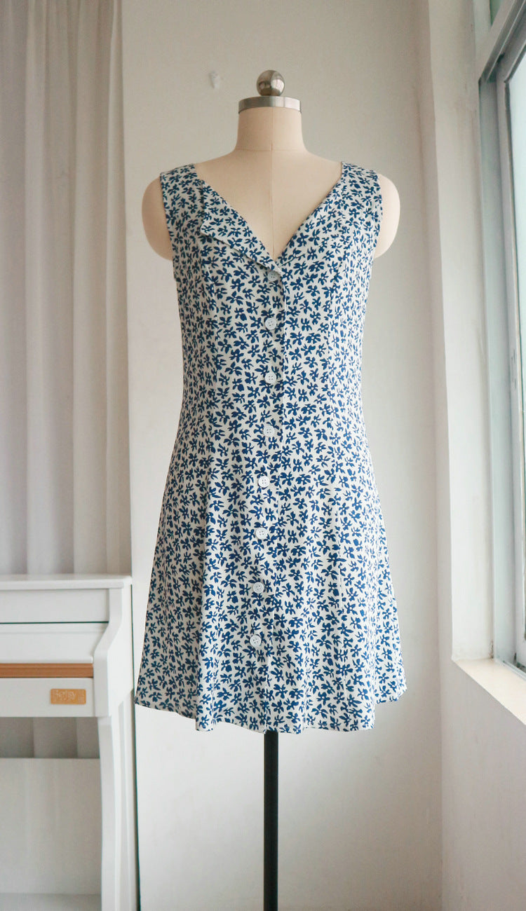 French Retro Blue Floral Button-Front A-Line Mini Dress