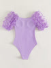 Lilac Floral Puff Sleeve One Piece Swimsuit for Women