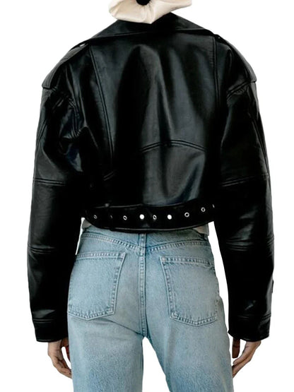 Women Retro Faux Leather Biker Jacket Cropped Moto Jacket with Belt