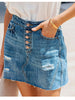 Ripped Washed Denim Mini Skirt with Multi-Button Front