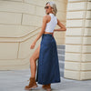 high slit denim long skirt