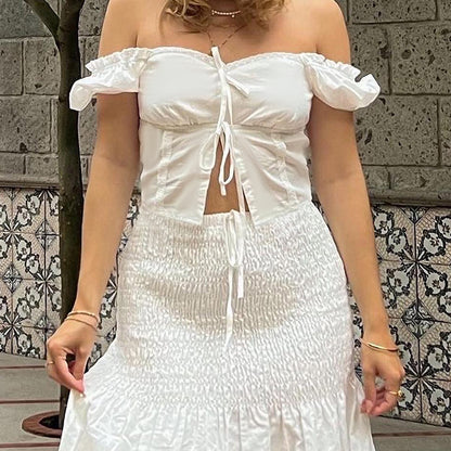 Lace Patchwork Tie Front Puff Sleeve Crop Top