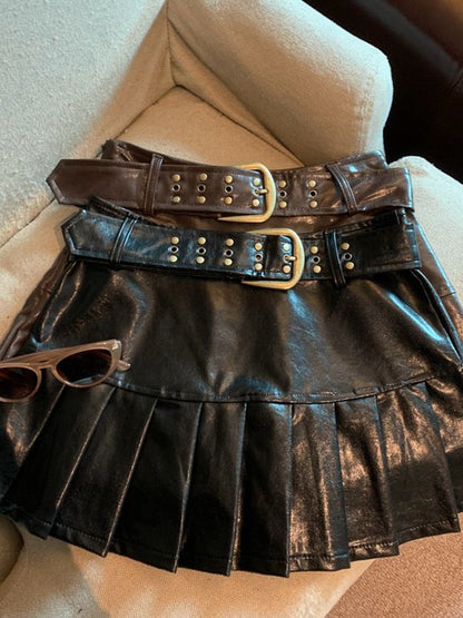 Women Pleated Leather Skirt