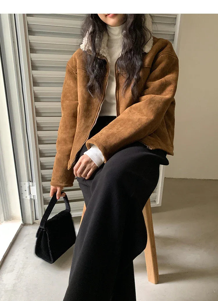Women’s Suede Lambswool Fur Jacket Winter