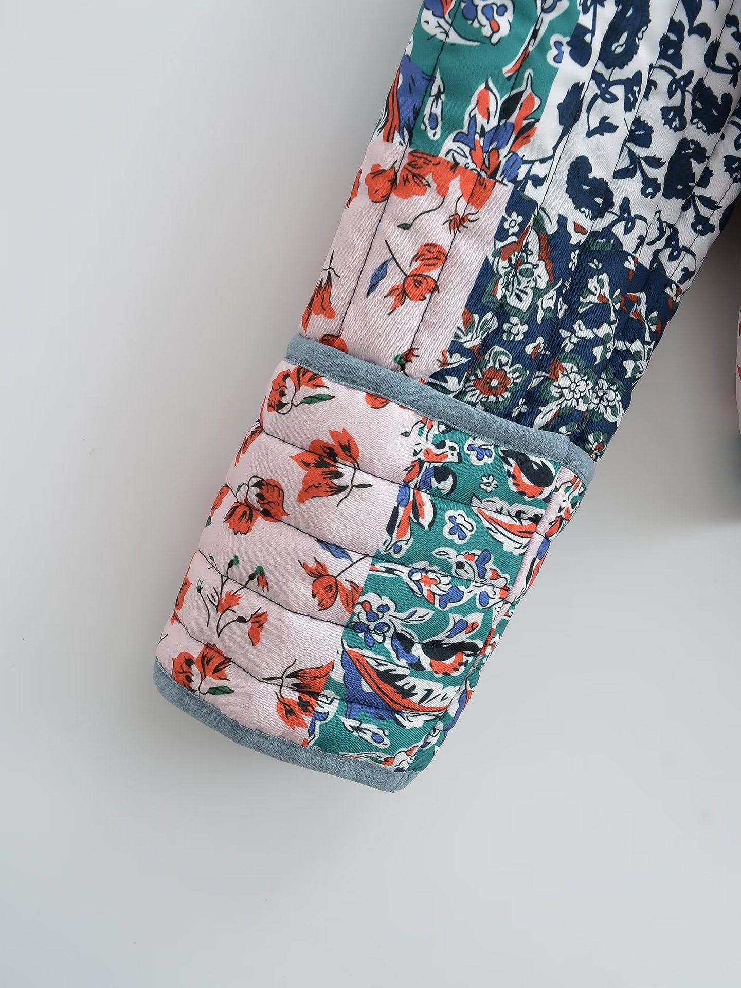 Women Patchwork Floral Print Woven Coat Quilted Polyester Jacket