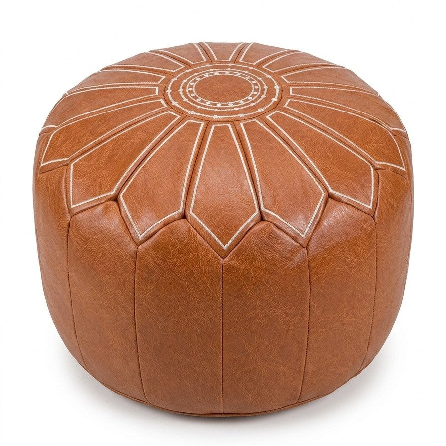 Round Faux Leather Pouf Ottoman Cover with Pumpkin Stitching