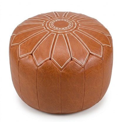 Round Faux Leather Pouf Ottoman Cover with Pumpkin Stitching
