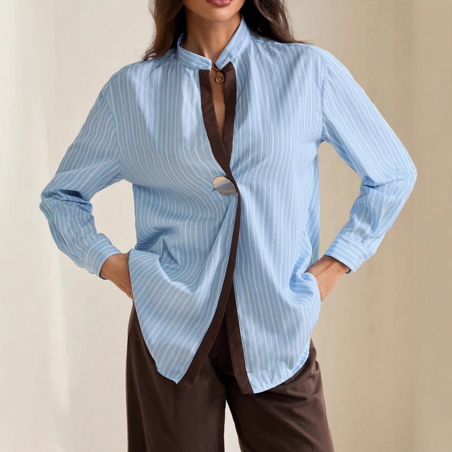 Classic Striped Drop Shoulder Shirts For Ladies