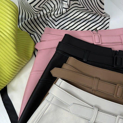 Genuine Leather A-Line Mini Skirt With Belt