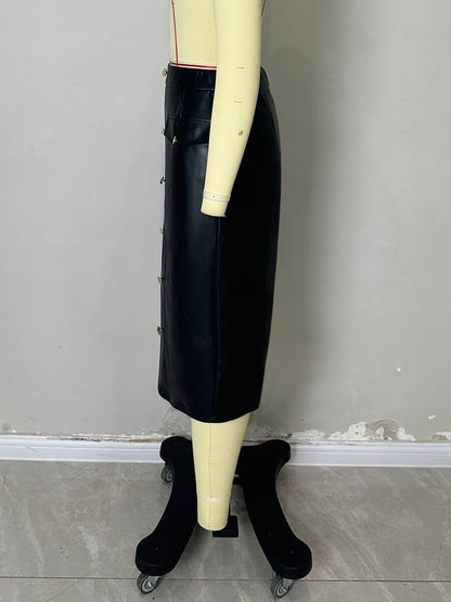 Black PU Leather Midi Skirt with Front Buttons and Pockets