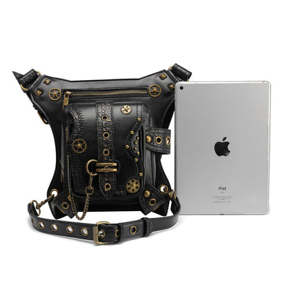 Punk Waist Leg Bag Black PU Chain and Motorcycle Style
