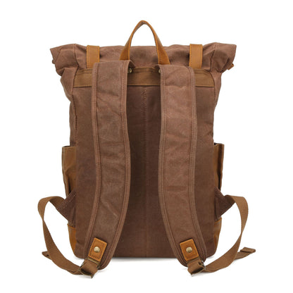 Canvas Backpack with Roll Top, Brown Trim and Organized Storage