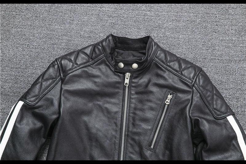 Men’s Genuine Leather Biker Jacket with Racing Stripes