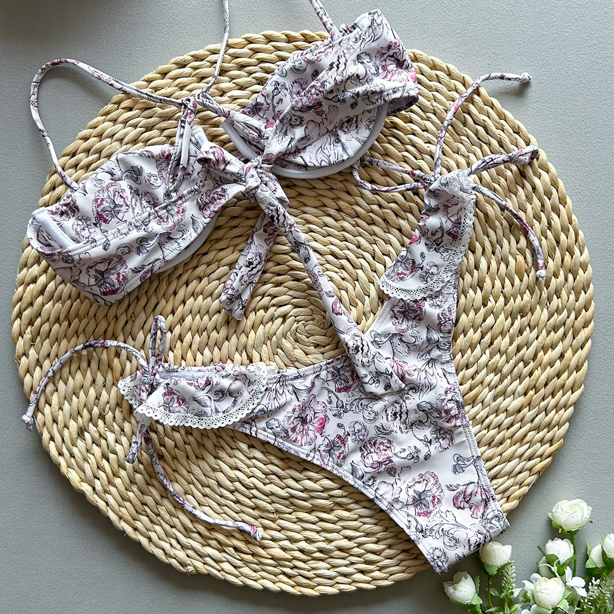 Women’s Floral Lace Trim Tie Side Bikini Set