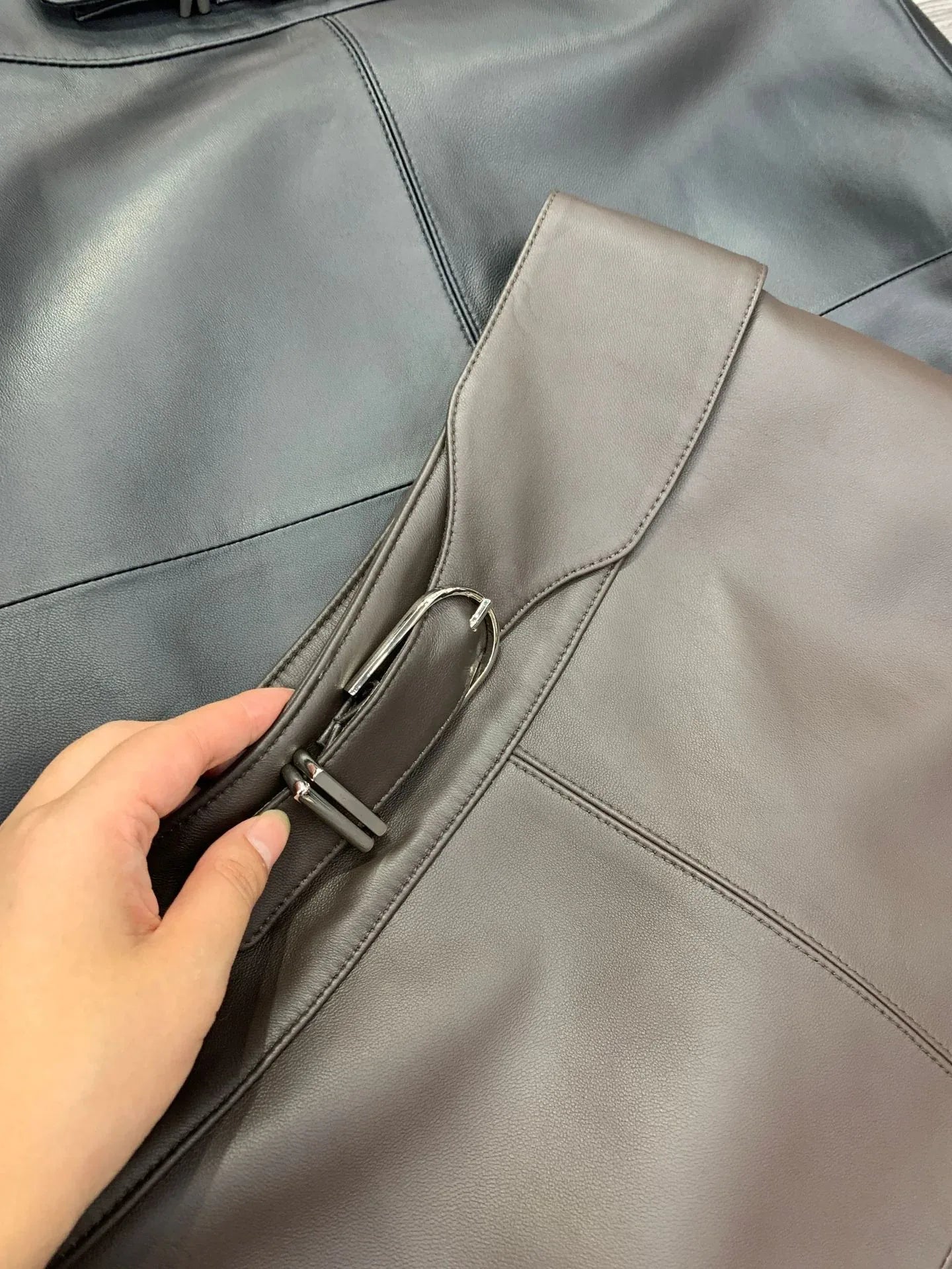 Women sheepskin leather midi skirt with belt