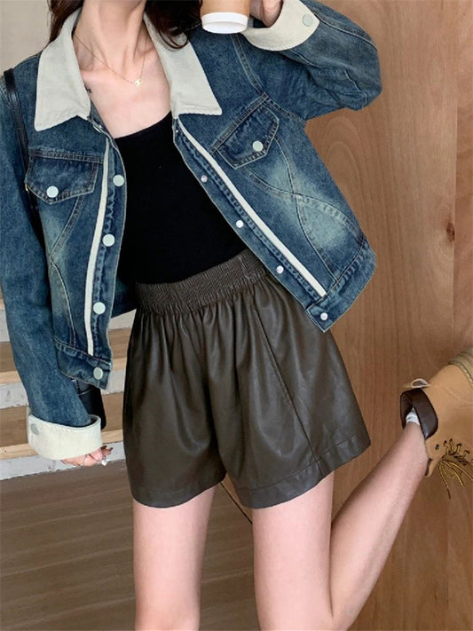 Brown High Waisted Faux Plus Size Leather Shorts