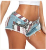 Low rise denim shorts with flag print and frayed hem