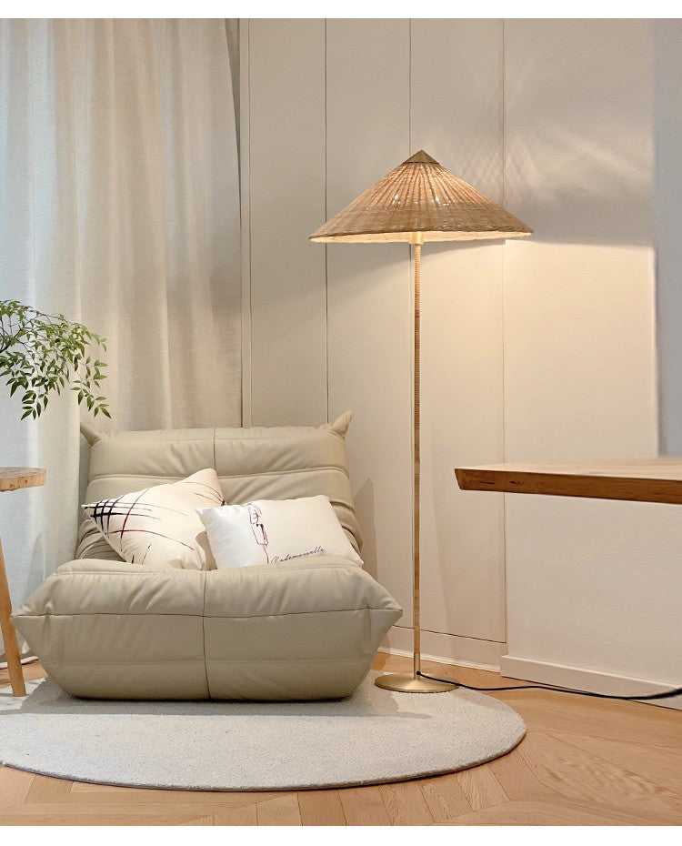 Danish Wabi-Sabi Rattan Floor Lamp Retro Hat Style Standing Light