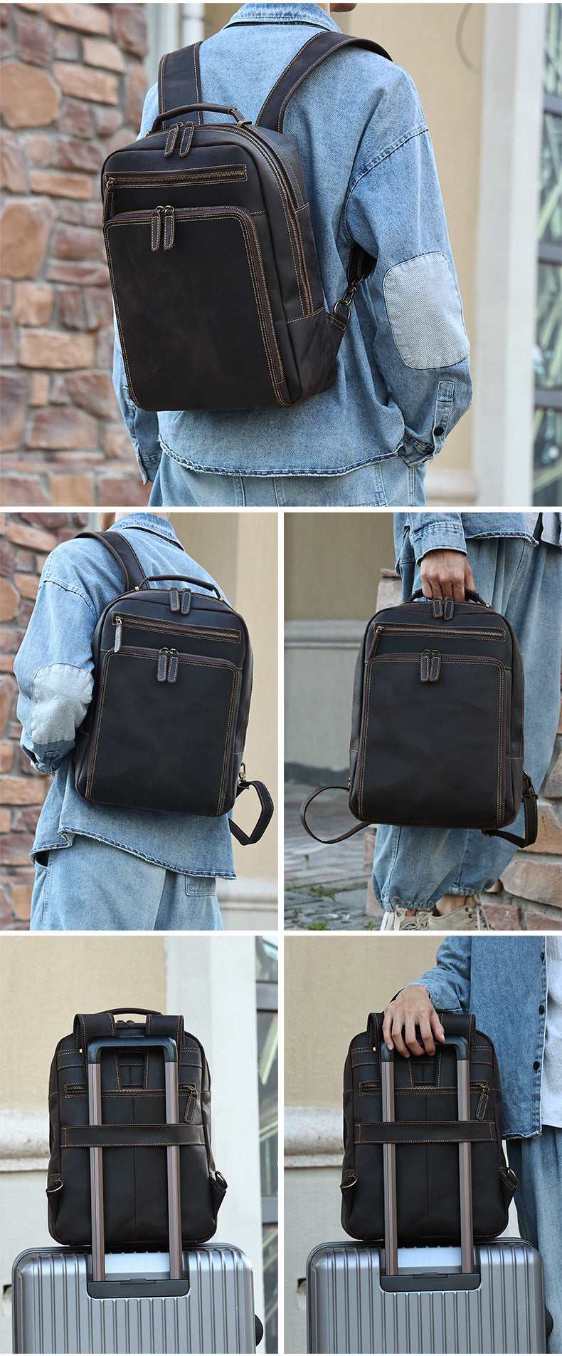 Men’s Leather Backpack with Trolley Sleeve 15.6-Inch Laptop