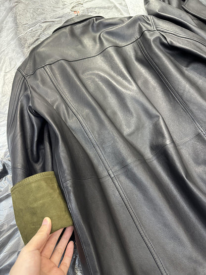 Women Leather Jacket Mid-Length Blazer with Suede Cuffs