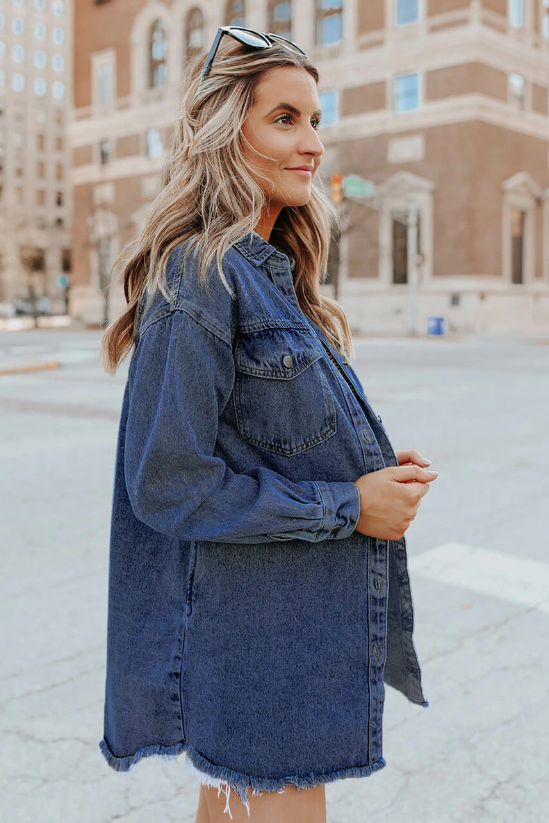 Street Style Dark Blue Oversized Denim Shirt Jacket