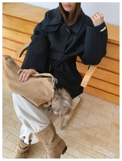 Women Wool Horn-Button Belted Funnel Coat