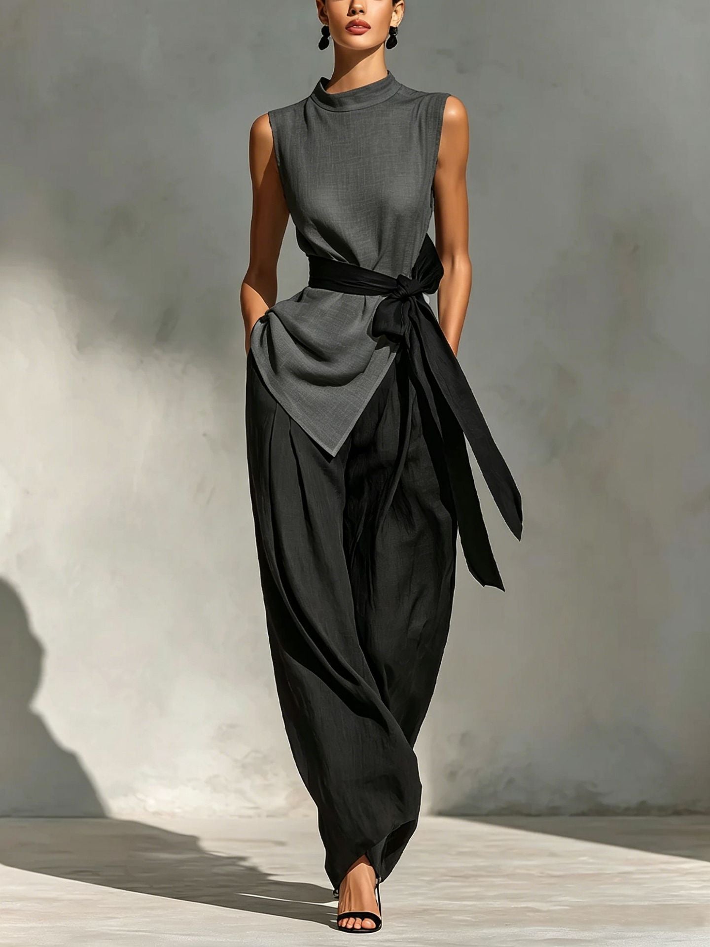 Women’s Two Piece Sleeveless Tie Waist Wide Leg Pant Set