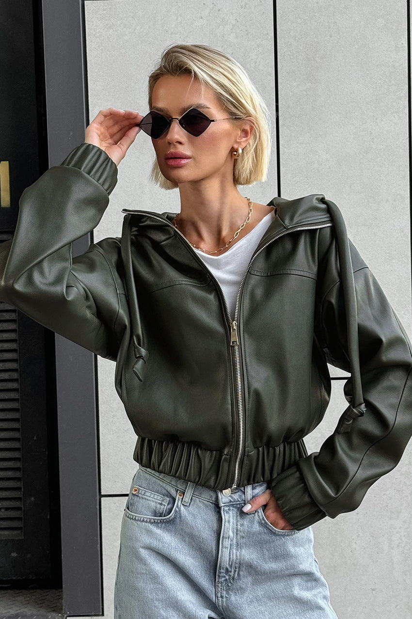 Women’s Faux Leather Jacket PU Leather Coat Zip-Up