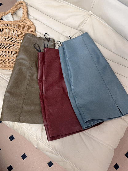 Women Leather Mini Skirt High Waist A-Line with Slit