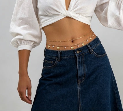 Gold Waist Chain with Shell Charms and Pearl Layers