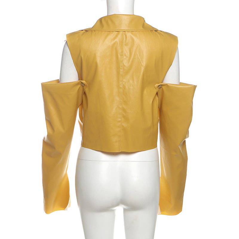Cropped Faux Leather Jacket for Women with Detachable Sleeves