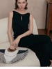 black sleeveless pleated cotton midi dress