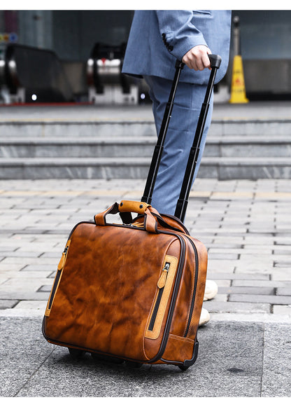 Real Leather Trolley Suitcase Carry-On with Wheels