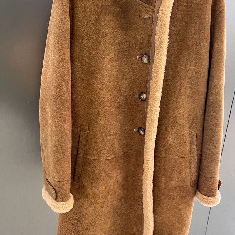 Women Suede Merino Shearling Fur Coat Motorcycle Jacket