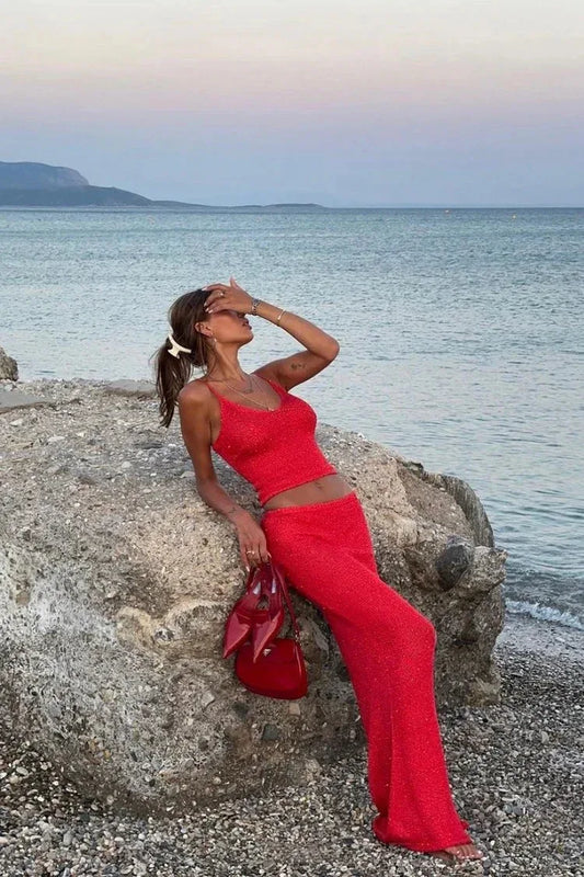 Red beach suspender crop top skirt set Red S